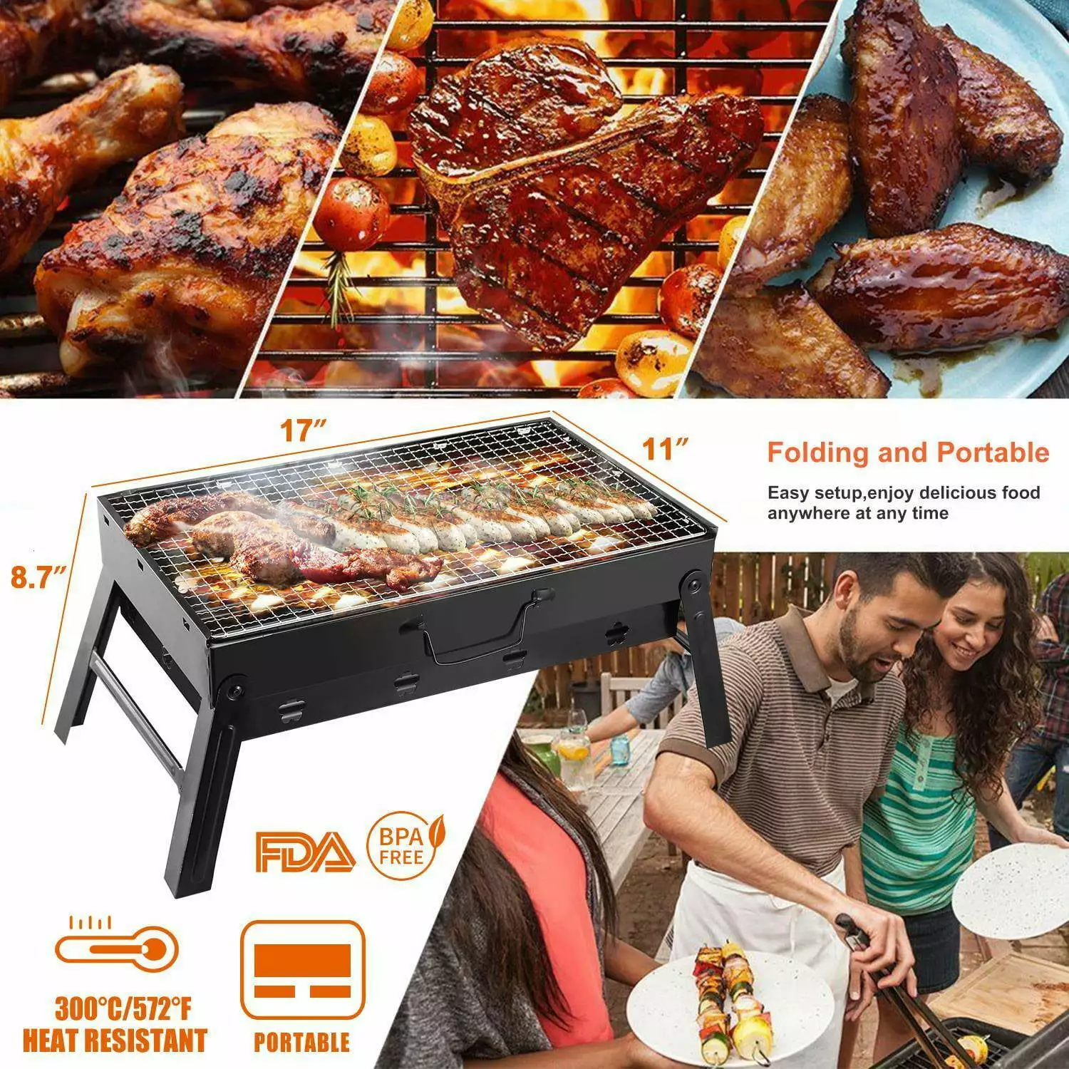 FOCUSSEXY Travel-friendly Charcoal Grill Stainless Steel BBQ Smoker Outdoor Camping Hiking Picnics