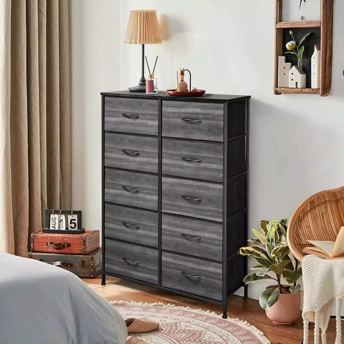 10-Drawer Non-Woven Storage Cabinet Black Wood Grain Drawer Surface YTTX
