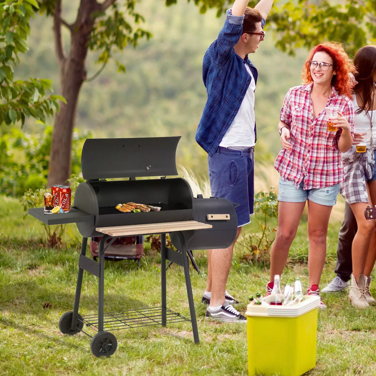 FOCUSSEXY Steel Travel-friendly Backyard Charcoal BBQ Grill 48 and Offset Smoker Combo Thermometer