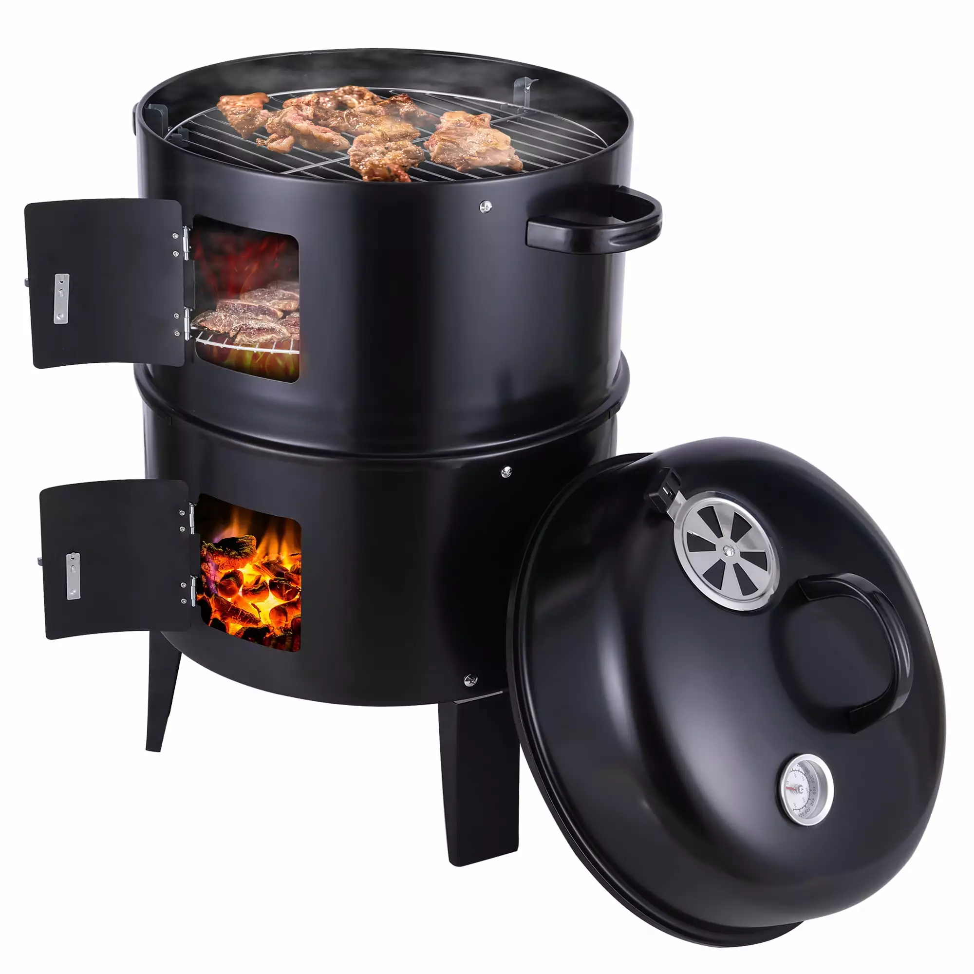3 1 Tower Vertical Barrel Charcoal BBQ Grill Smoker Travel-friendly Fire Pit Outdoor Camping Built Thermometer ATTOAY