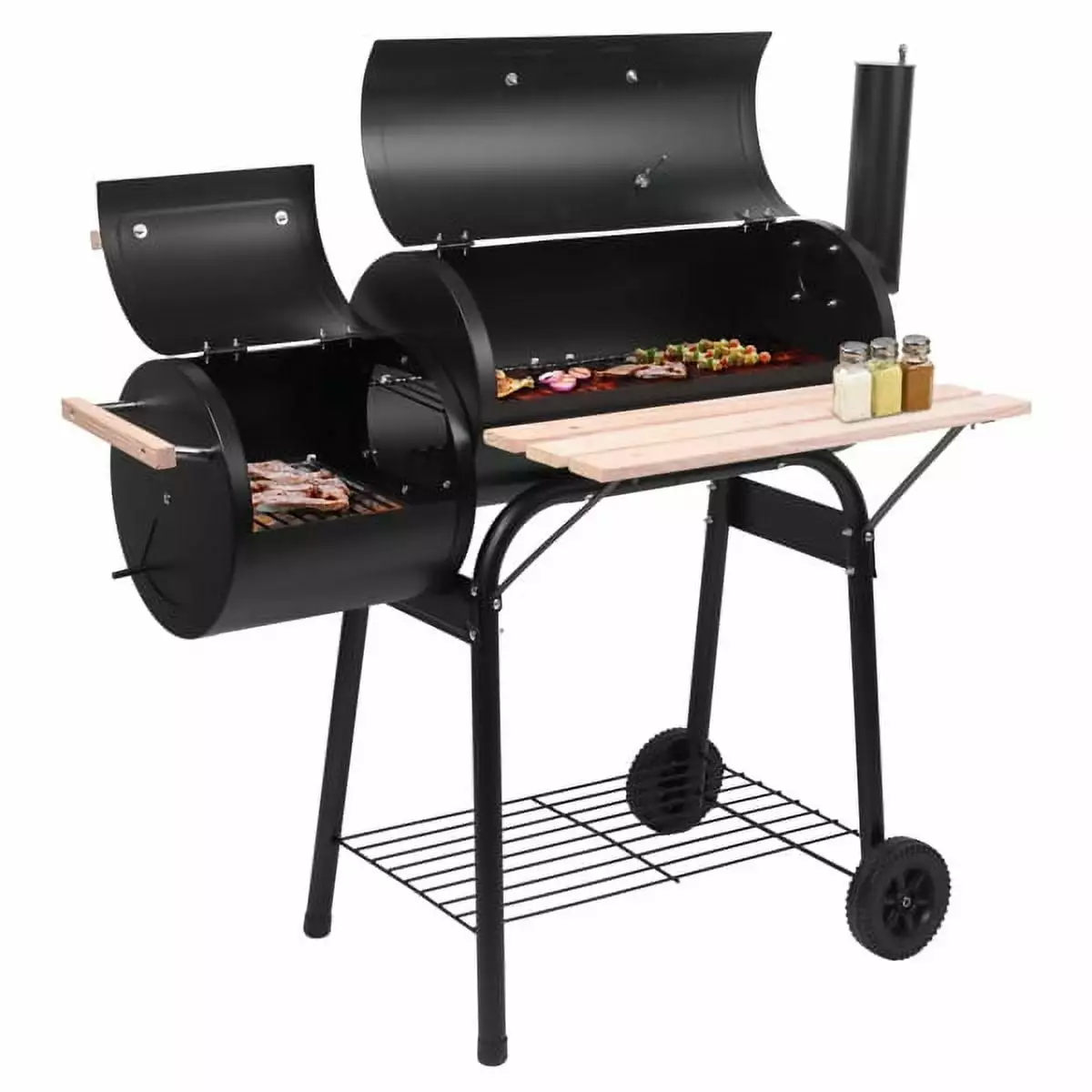 BBQ Charcoal Grill Travel-friendly Barbecue Grill Offset Smoker Barbecue Oven Wheels & Thermometer BBQ Grill Wooden Shelve...