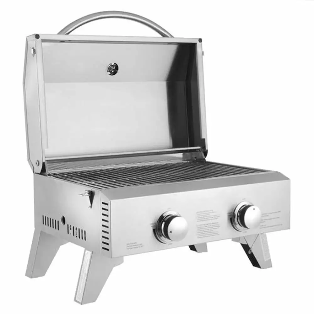 Outdoor Home Tabletop Stainless Steel 2-Burner Gas Grill 2000 BTU Foldable Legs